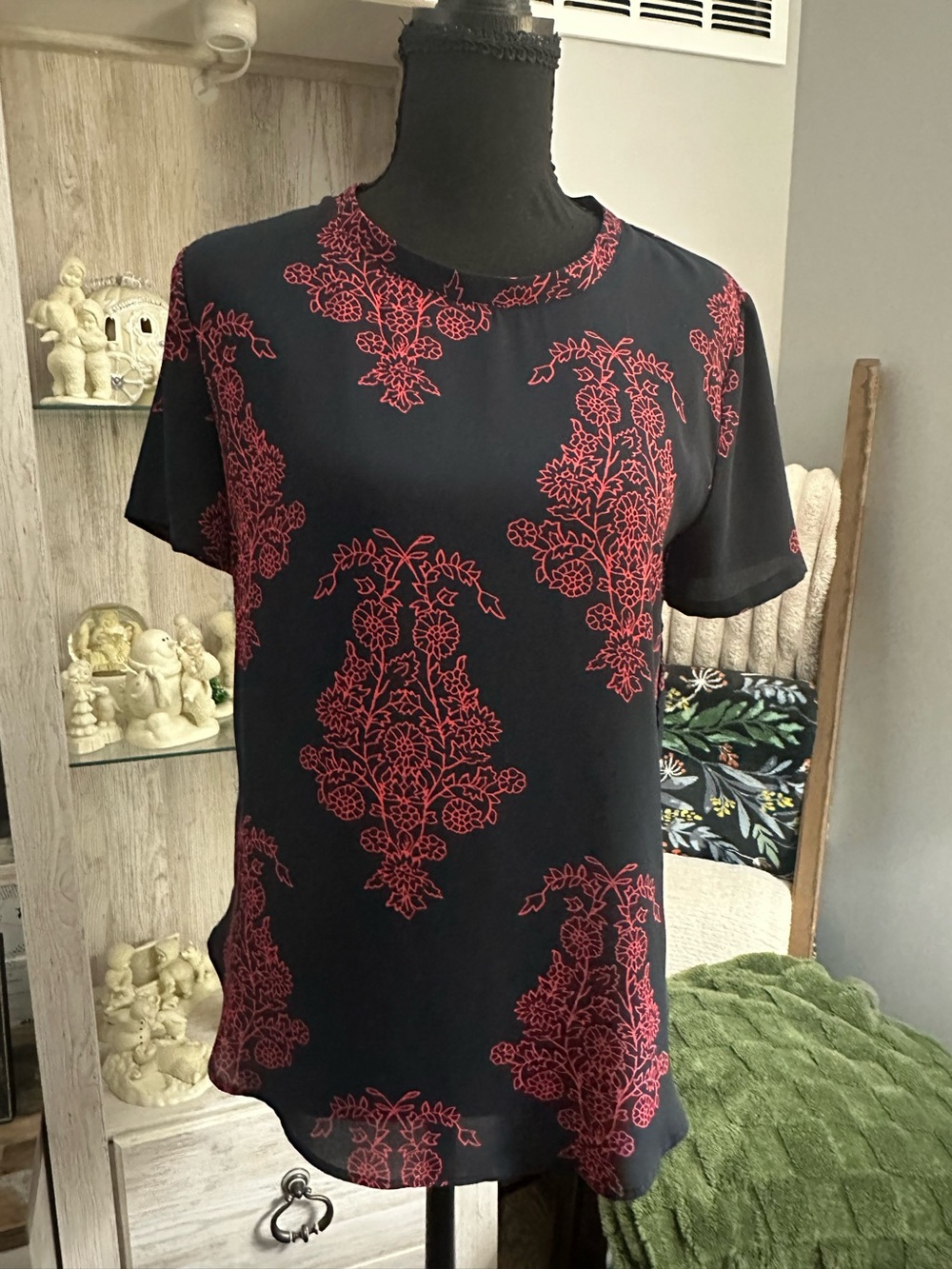 LOFT Black Short-Sleeve Top with Red Floral Motif